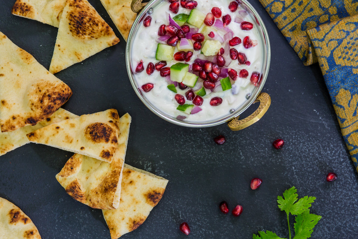 Naan With Tomato, Onion and Cucumber Raita